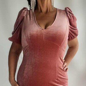 Elevator Disco Size L Blush Pink, Knee-Length, Velvet Party Dress w/ Puff Sleeve